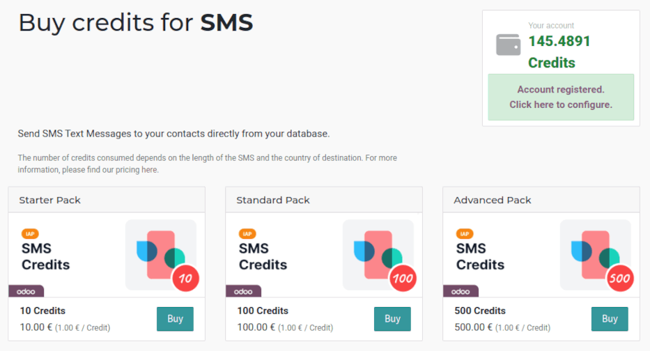 Halaman layanan SMS pada IAP.Odoo.com dengan empat paket kredit tersedia untuk dibeli.