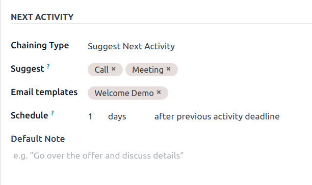 Het onderdeel Volgende activiteit op een nieuw activiteitstype formulier.