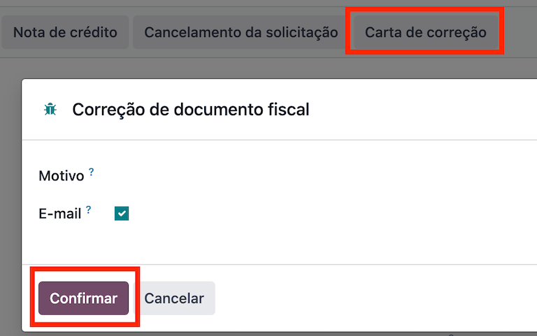 Motivo da carta de correção no Odoo.