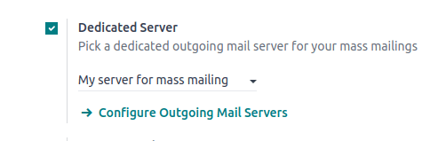 Servidor de e-mail dedicado nas definições do aplicativo Marketing por e-mail.