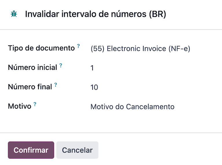 Assistente de invalidação de intervalo de números no Odoo.